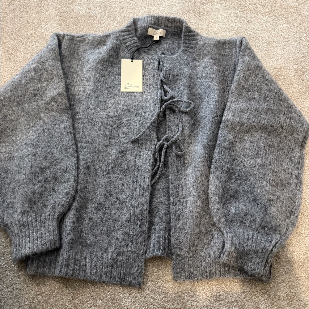 Elan Charcoal Gray Tie-Front Fuzzy Knit Cardigan